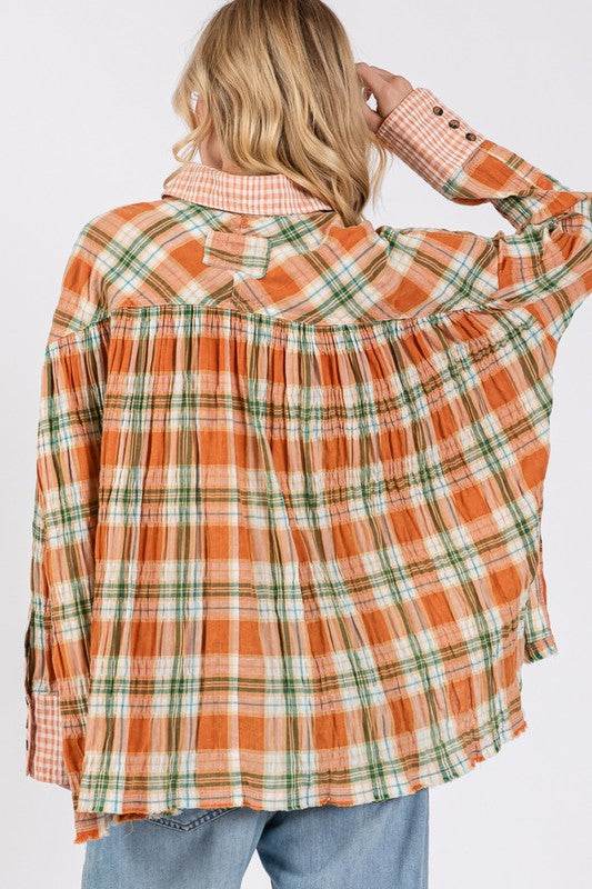 SAGE + FIG Side Slit Plaid Button Down Long Sleeve Shirt for a perfect OOTD – dress to impress outfits from Amexza