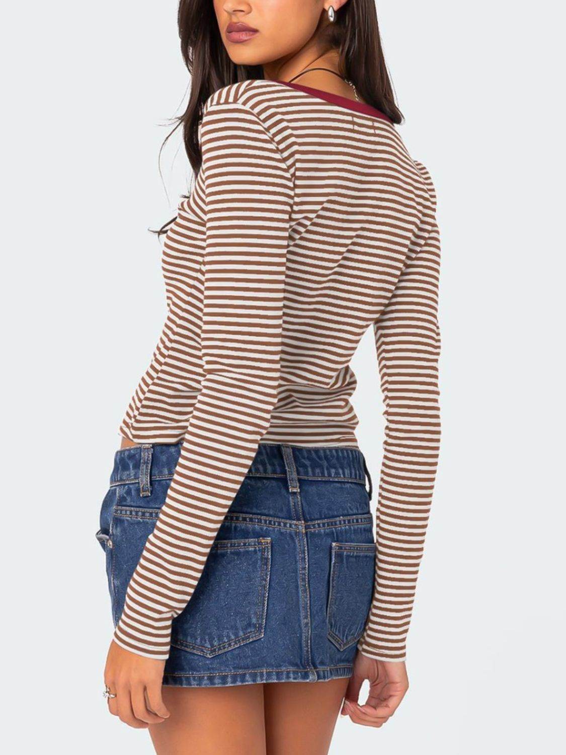 Buttoned Striped Long Sleeve T-Shirt for a perfect OOTD – dress to impress outfits from Amexza