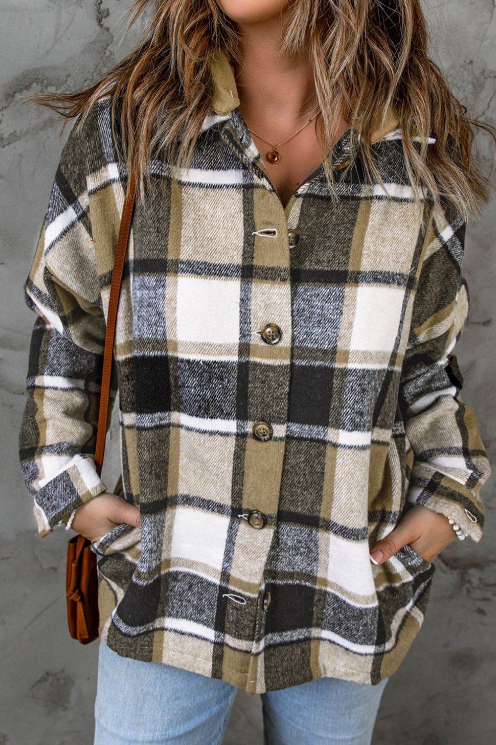 Plaid Button Up Hooded Shacket Tan for a perfect OOTD – dress to impress outfits from Amexza