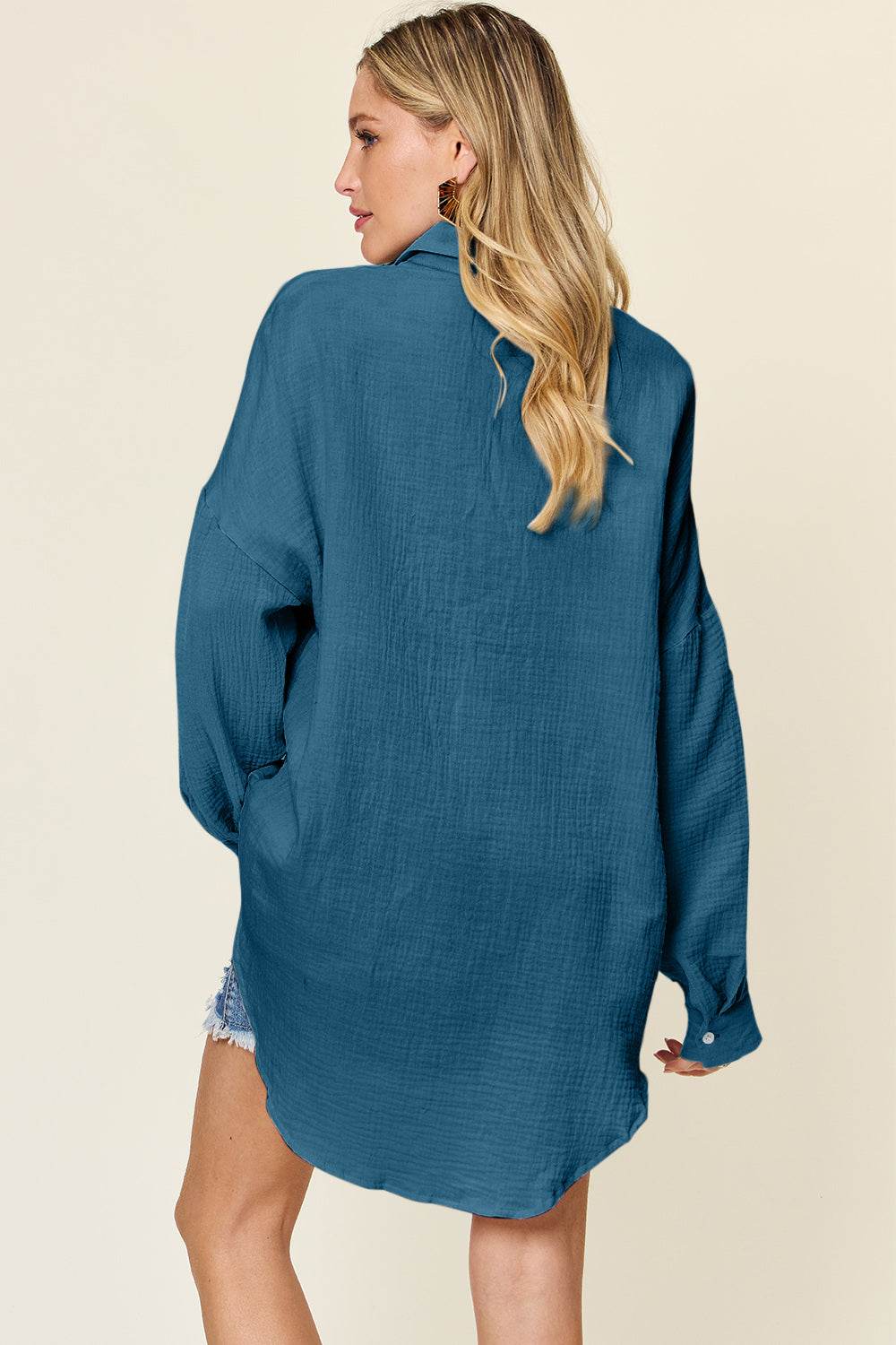 Double Take Full Size Pocketed Texture Button Up Shirt for a perfect OOTD – dress to impress outfits from Amexza