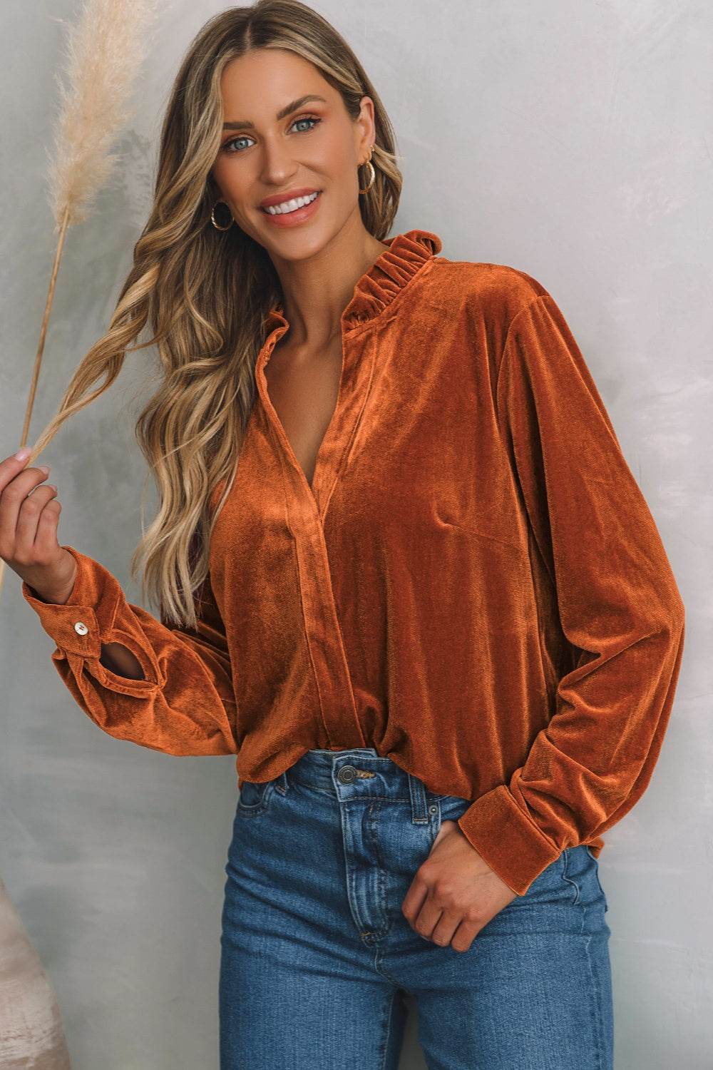 Notched Frill Detail Long Sleeve Blouse Brown for a perfect OOTD – dress to impress outfits from Amexza