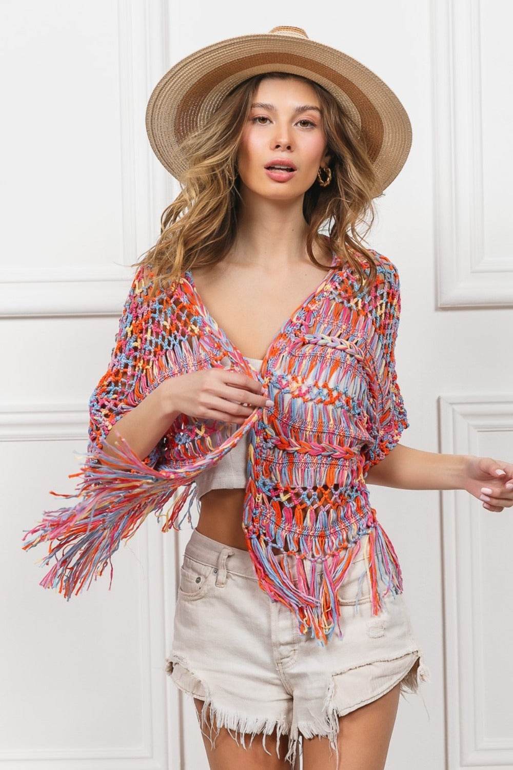 BiBi Open Front Fringed Crop Knit Cardigan for a perfect OOTD – dress to impress outfits from Amexza