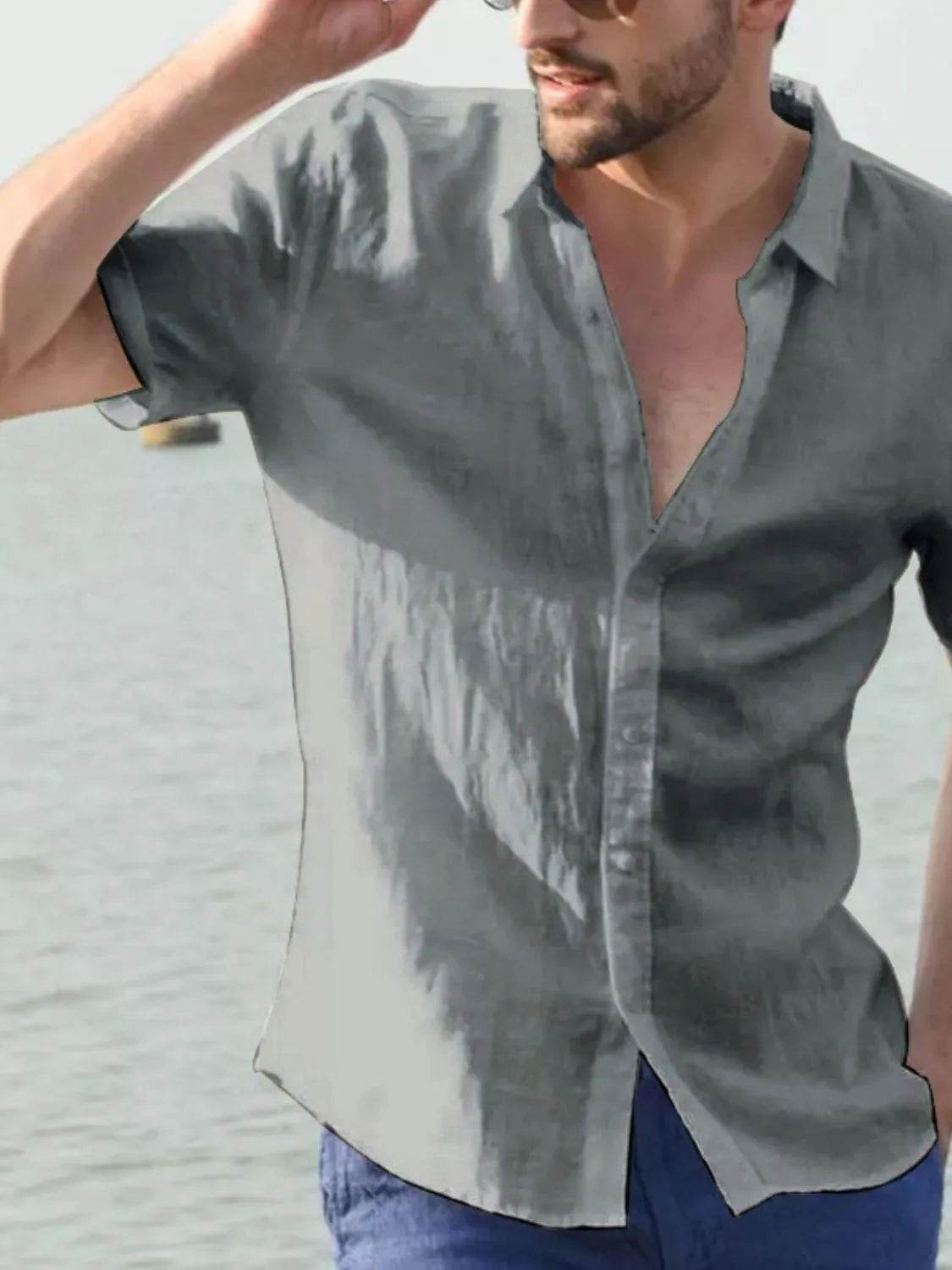 Men's Full Size Button Up Short Sleeve Shirt Plus Size Gray for a perfect OOTD – dress to impress outfits from Amexza