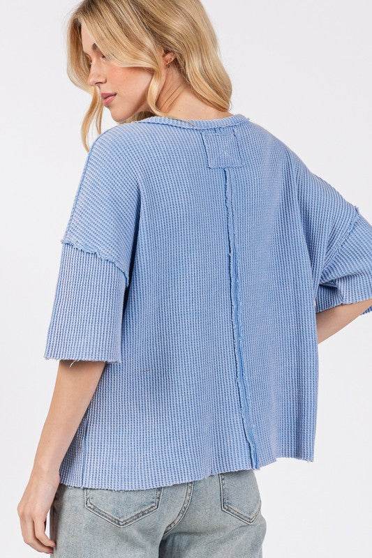 SAGE + FIG Exposed Seam Round Neck Half Sleeve T-Shirt - Amexza