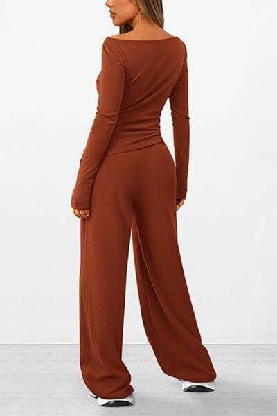 Round Neck Long Sleeve Top and Pants Set for a perfect OOTD – dress to impress outfits from Amexza