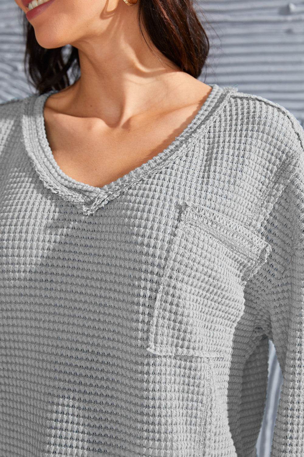 Waffle-Knit V-Neck Blouse with Breast Pocket for a perfect OOTD – dress to impress outfits from Amexza