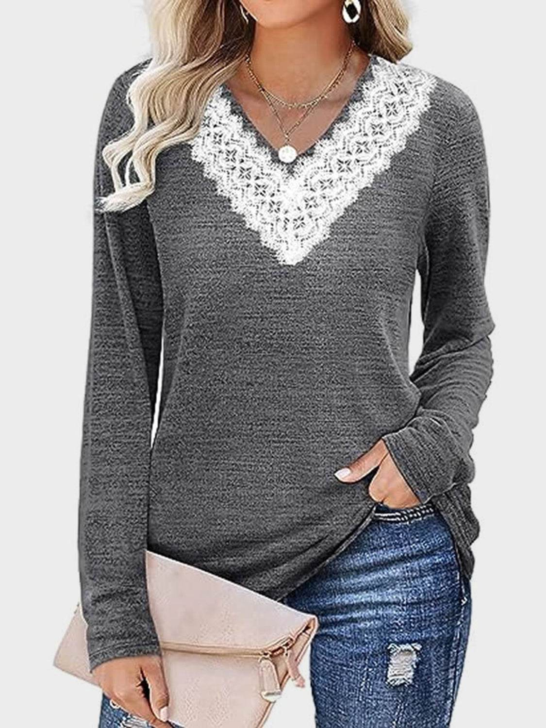 Lace Detail V-Neck Long Sleeve T-Shirt for a perfect OOTD – dress to impress outfits from Amexza