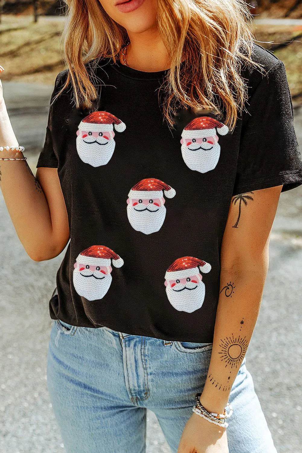 Sequin Santa Round Neck Short Sleeve T-Shirt Black for a perfect OOTD – dress to impress outfits from Amexza