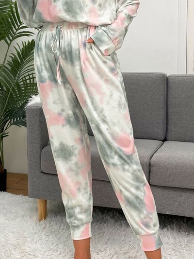 Shiny Tie-Dye Round Neck Top and Drawstring Pants Lounge Set for a perfect OOTD – dress to impress outfits from Amexza