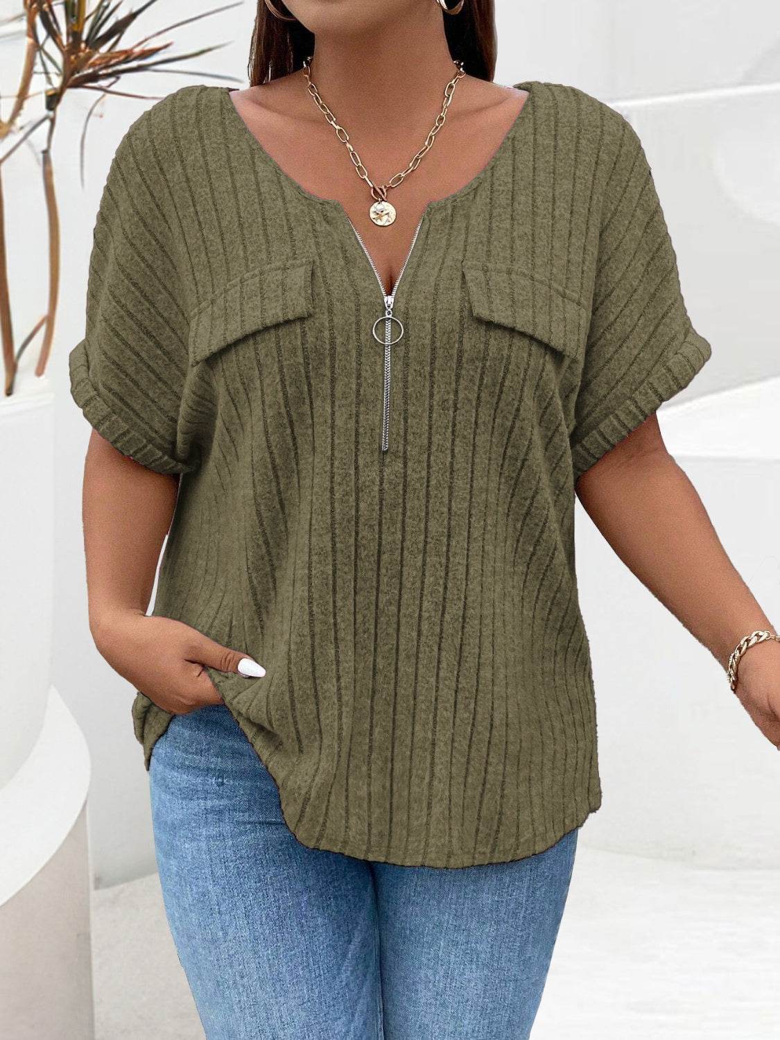 Plus Size Half Zip Short Sleeve T-Shirt Moss for a perfect OOTD – dress to impress outfits from Amexza