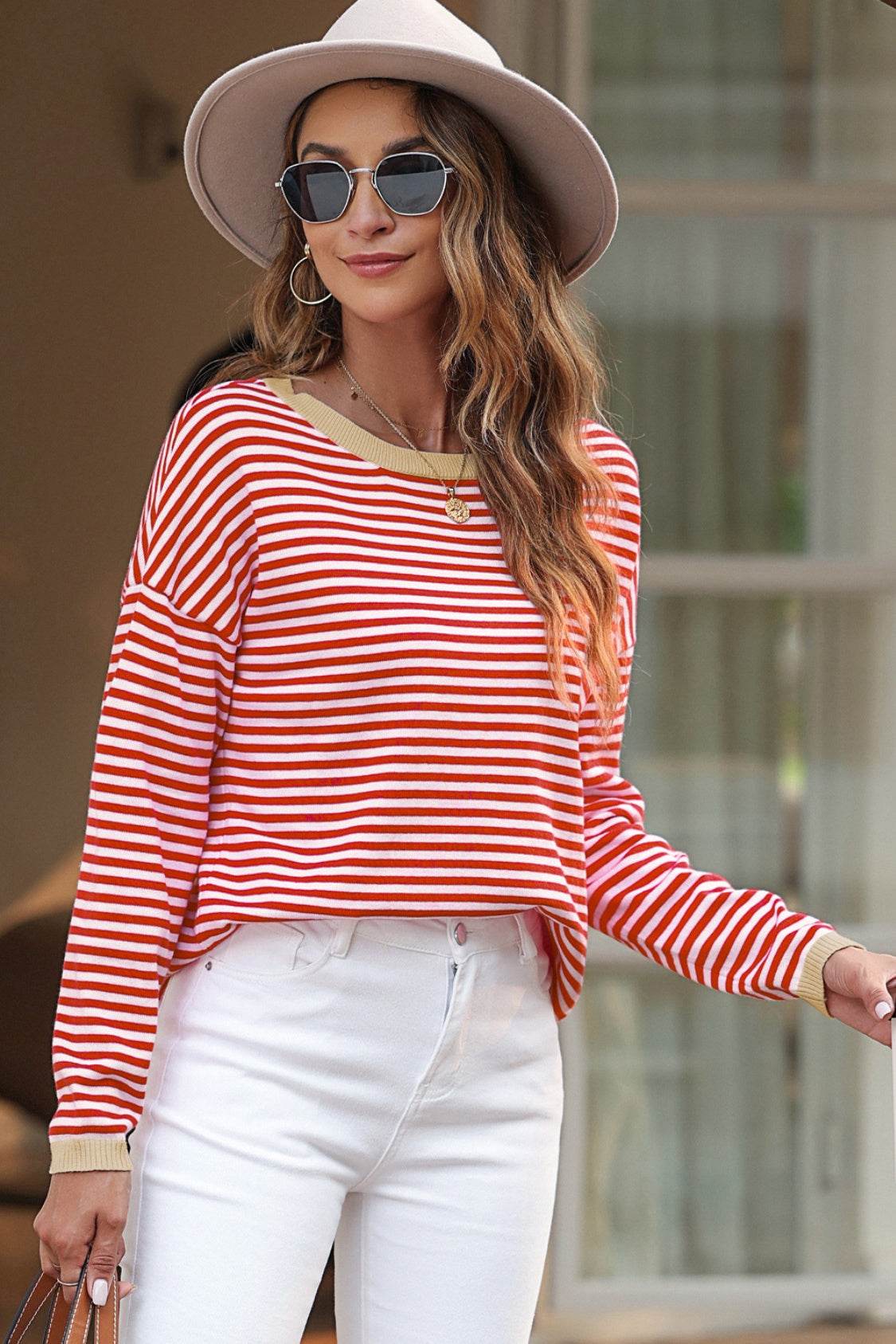 Striped Round Neck Drop Shoulder T-Shirt for a perfect OOTD – dress to impress outfits from Amexza