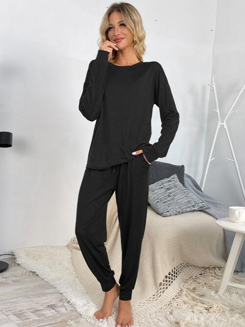 Shiny Round Neck Top and Drawstring Pants Lounge Set for a perfect OOTD – dress to impress outfits from Amexza