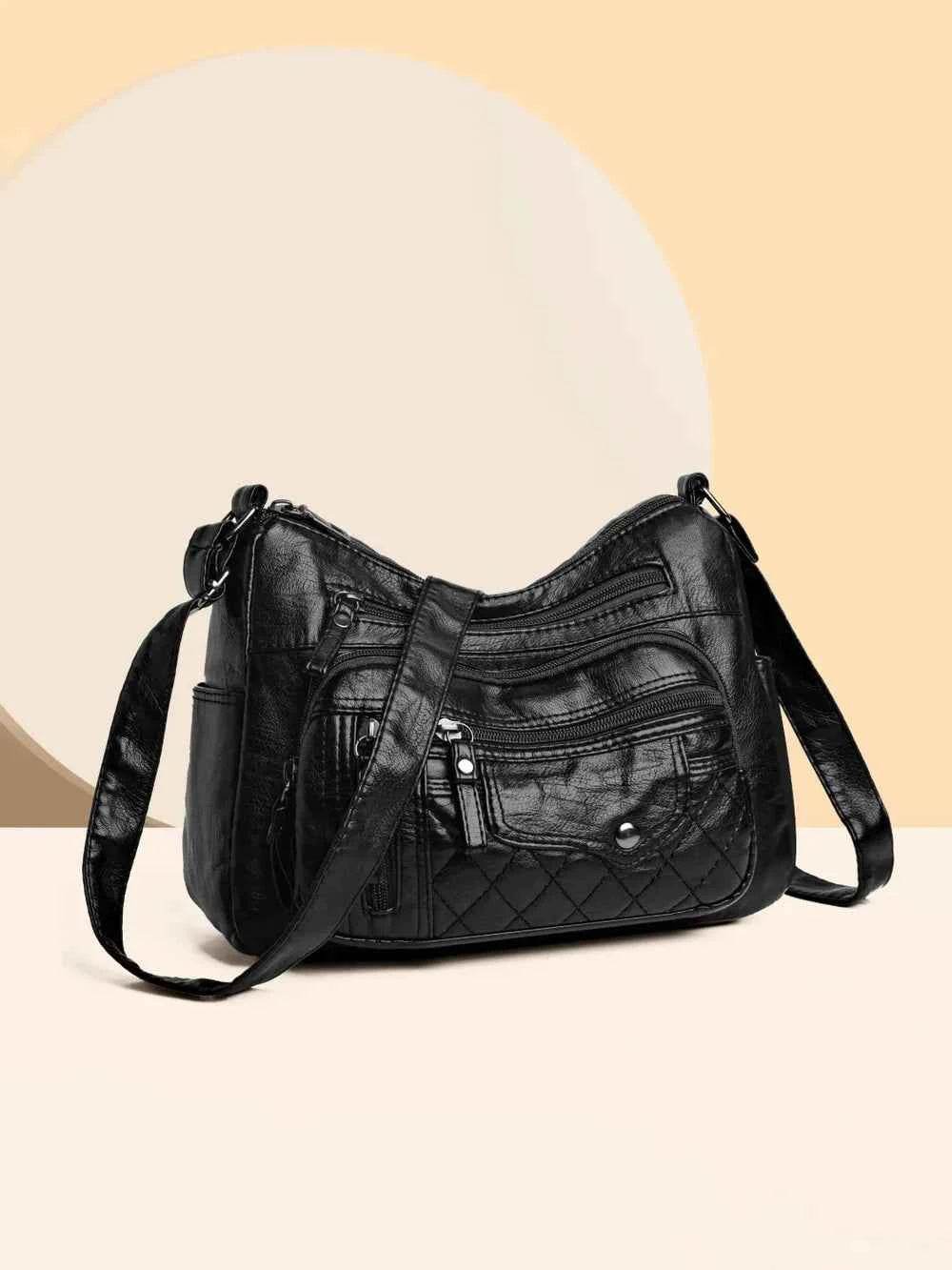 PU Leather Multi Pockets Adjustable Strap Shoulder Bag Black One Size for a perfect OOTD – dress to impress outfits from Amexza