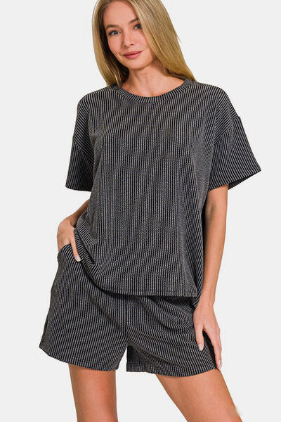 Zenana Rib Short Sleeve T-Shirt and Shorts Set Dark Gray for a perfect OOTD – dress to impress outfits from Amexza