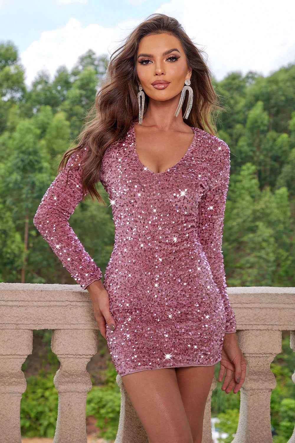 Sequin V-Neck Long Sleeve Mini Dress Dusty Pink for a perfect OOTD – dress to impress outfits from Amexza