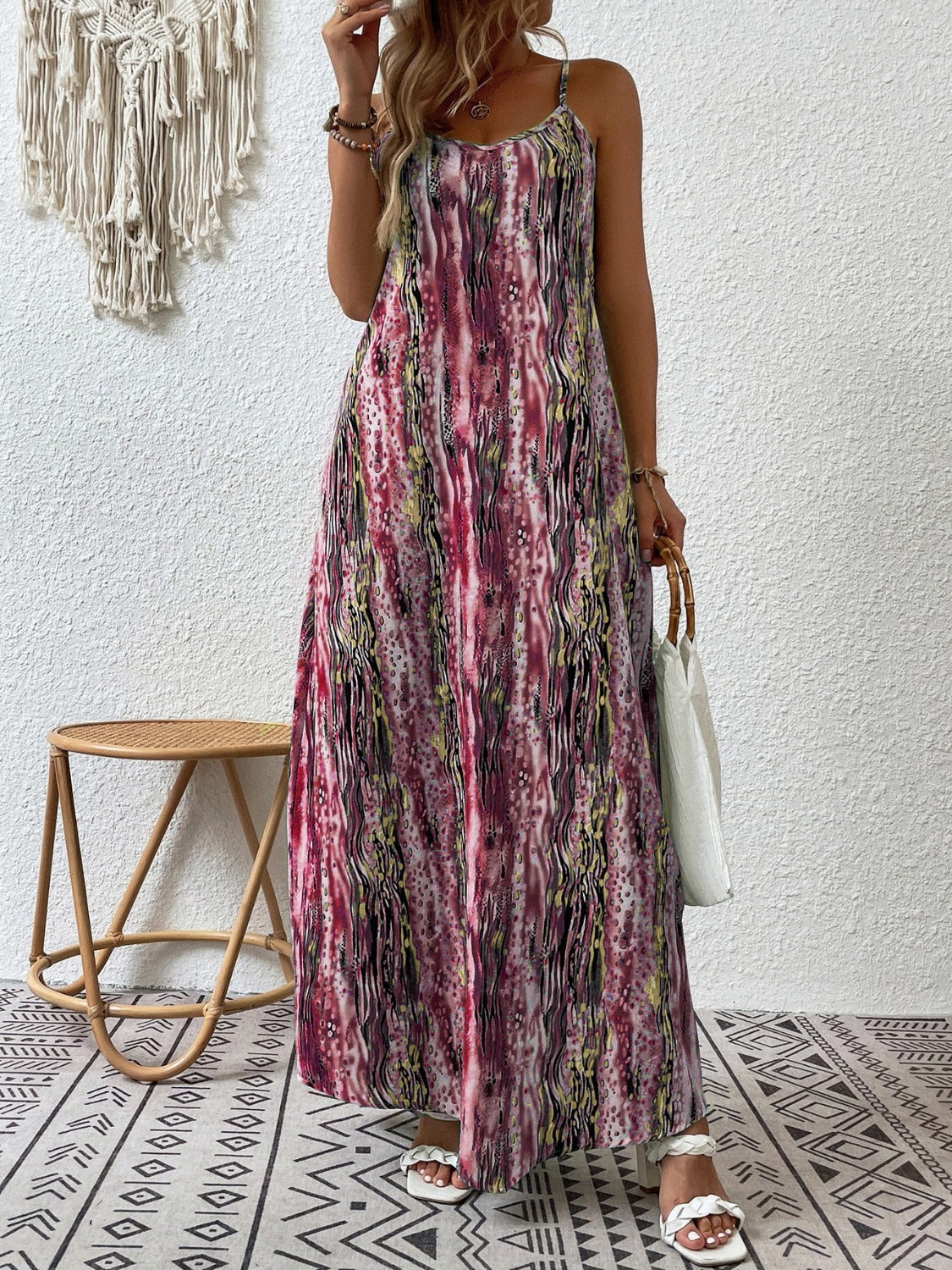 Full Size Printed Scoop Neck Maxi Cami Dress - Burgundy / S