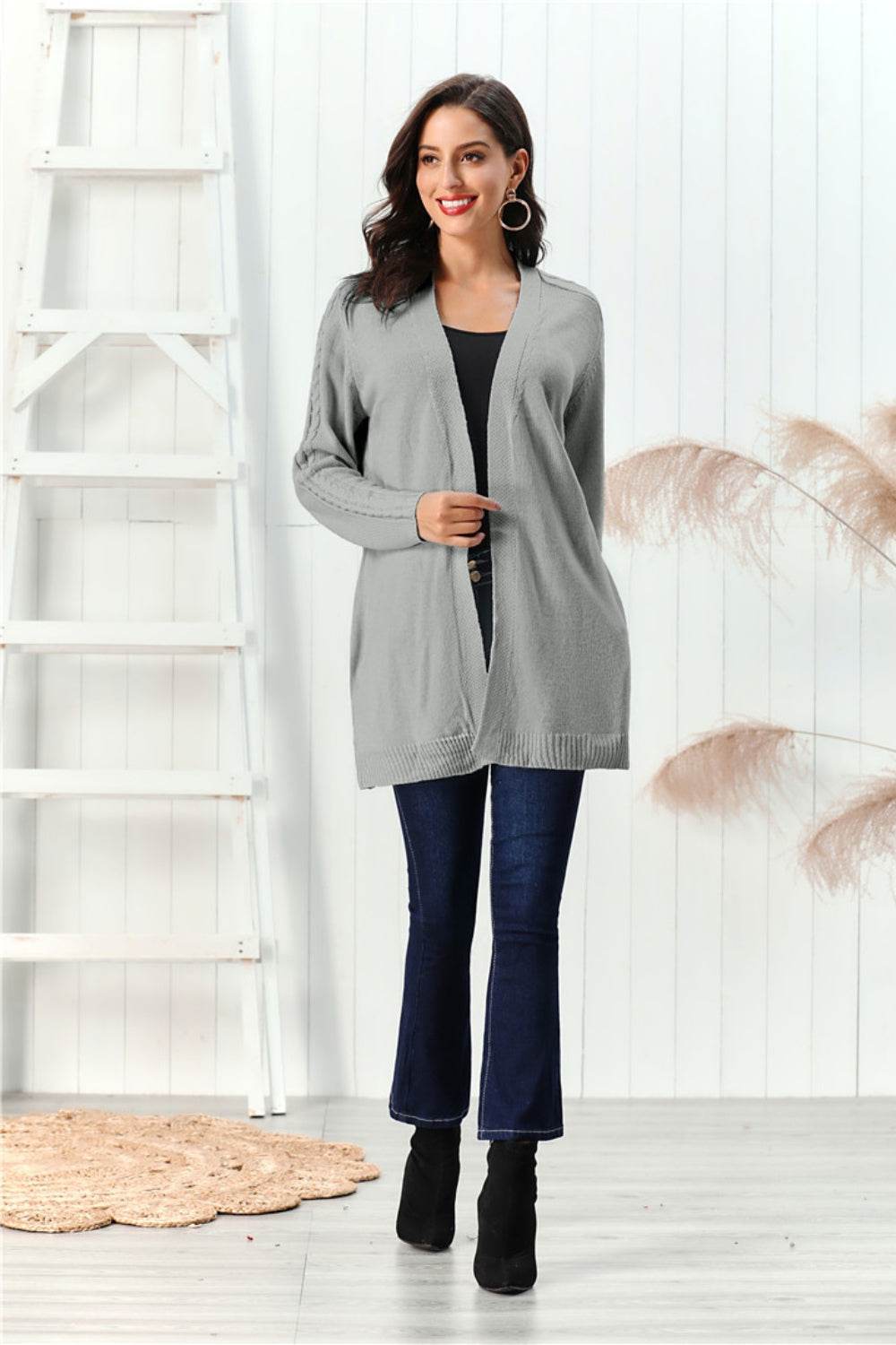 Cable-Knit Open Front Long Sleeve Cardigan for a perfect OOTD – dress to impress outfits from Amexza