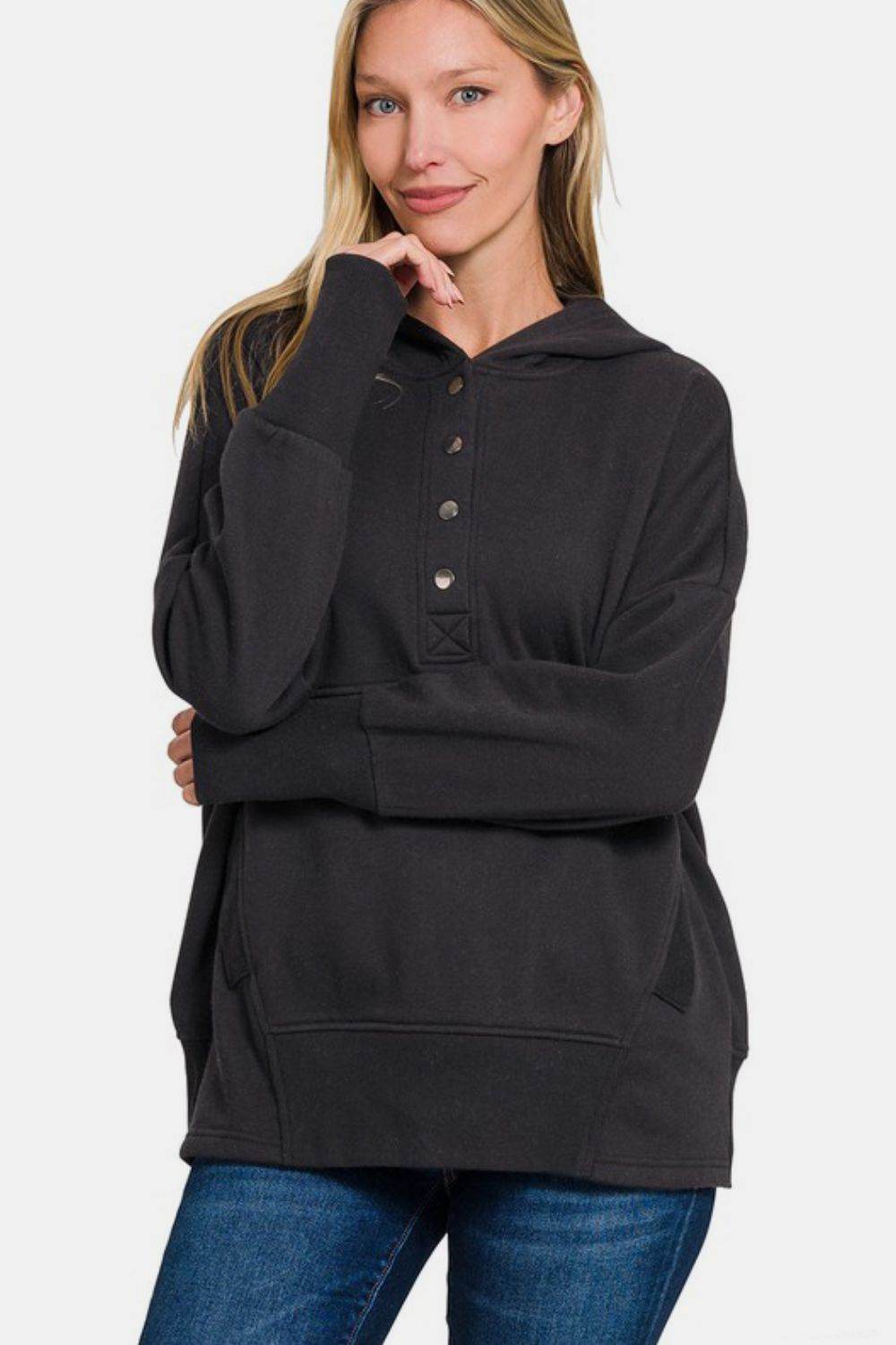 Zenana Half Snap Long Sleeve Hoodie with Kangaroo Pocket for a perfect OOTD – dress to impress outfits from Amexza