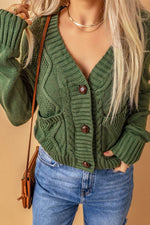 Cable-Knit Button Down V-Neck Cardigan - Amexza