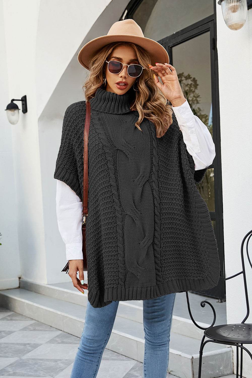 Cable-Knit Turtleneck Slit Sweater Black for a perfect OOTD – dress to impress outfits from Amexza