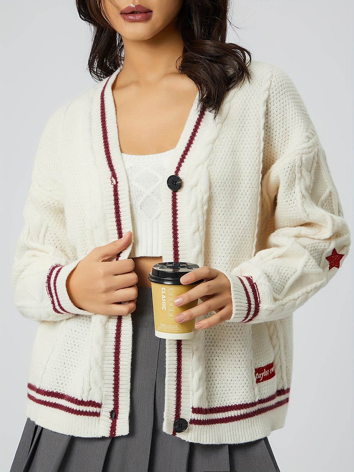 Star Embroidered V-Neck Long Sleeve Cardigan Burgundy One Size for a perfect OOTD – dress to impress outfits from Amexza