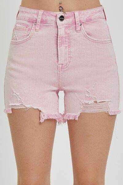 RISEN High Rise Distressed Denim Shorts Acid Pink for a perfect OOTD – dress to impress outfits from Amexza