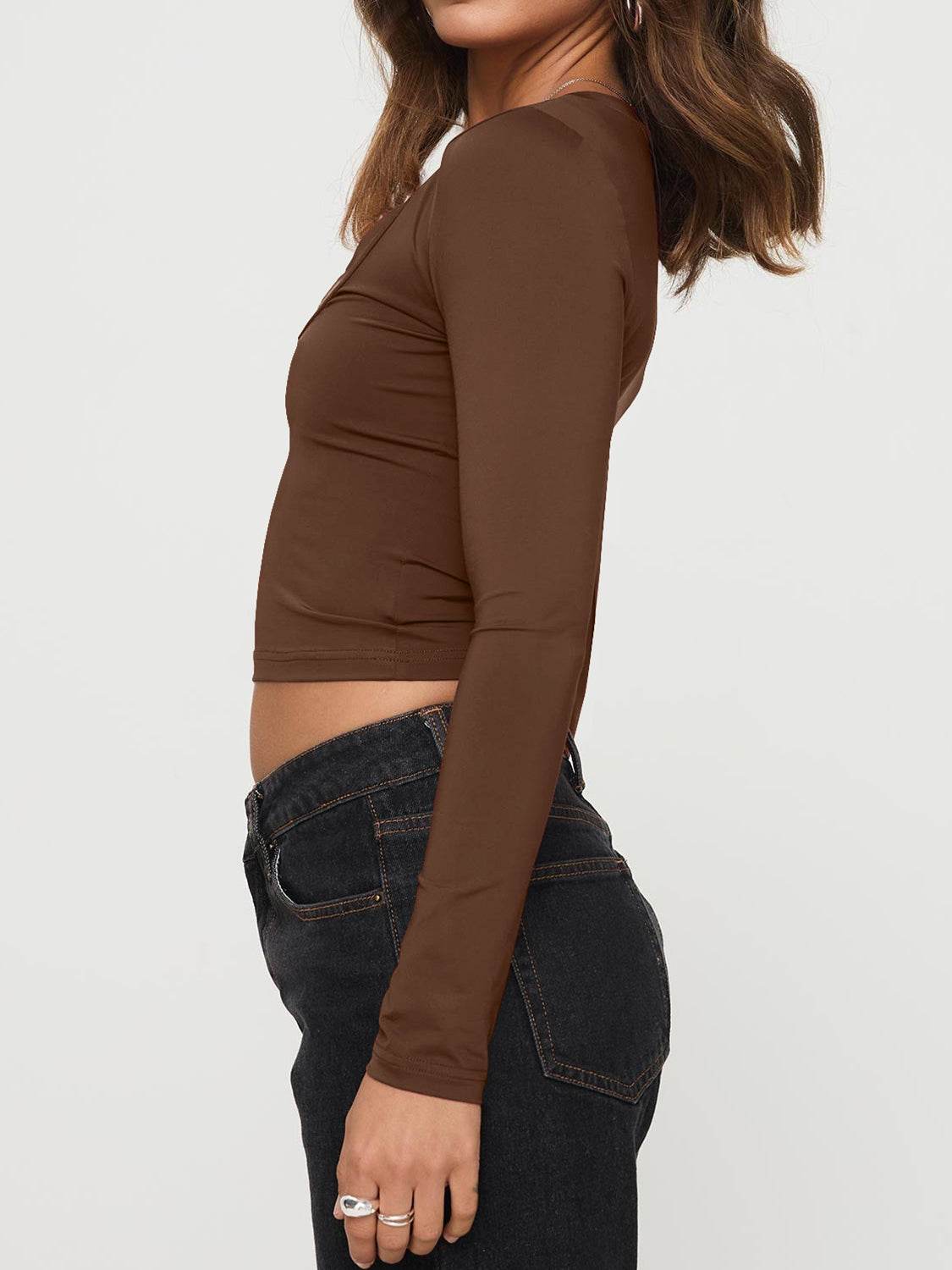 Scoop Neck Long Sleeve Cropped T-Shirt Brown for a perfect OOTD – dress to impress outfits from Amexza