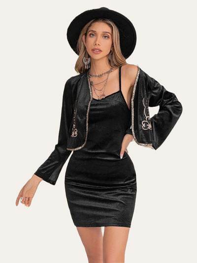 Embroidered Open Front Cardigan and Cami Dress Set for a perfect OOTD – dress to impress outfits from Amexza