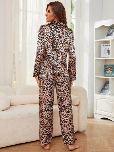 Leopard Button Up Long Sleeve Top and Pants Lounge Set for a perfect OOTD – dress to impress outfits from Amexza