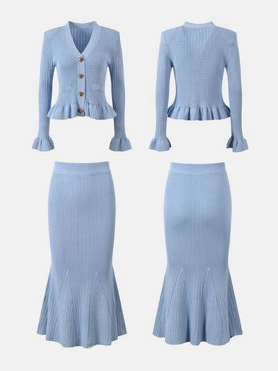 Ruffled V-Neck Top and Midi Skirt Sweater Set for a perfect OOTD – dress to impress outfits from Amexza