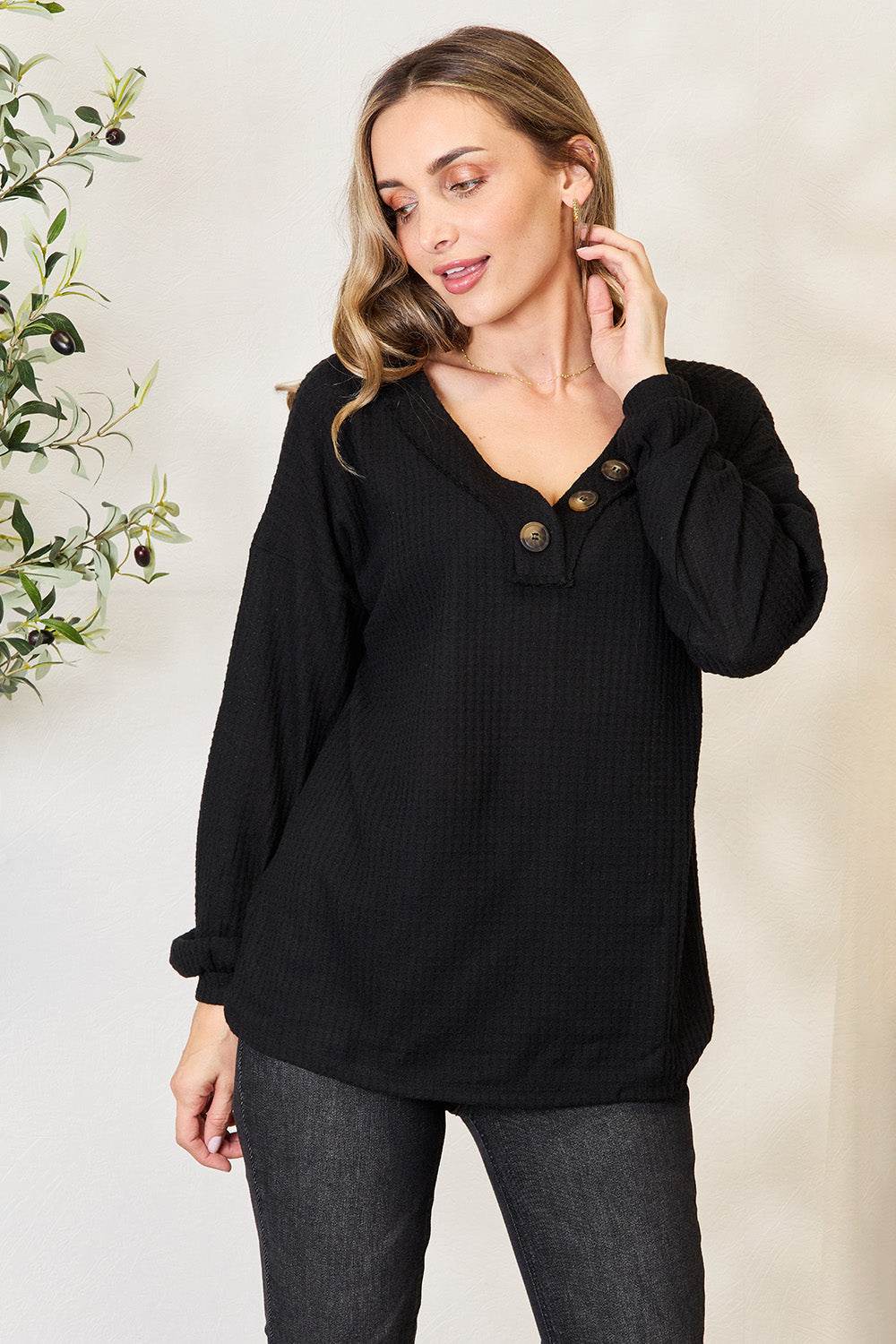 Zenana Buttoned Long Sleeve Blouse Black for a perfect OOTD – dress to impress outfits from Amexza