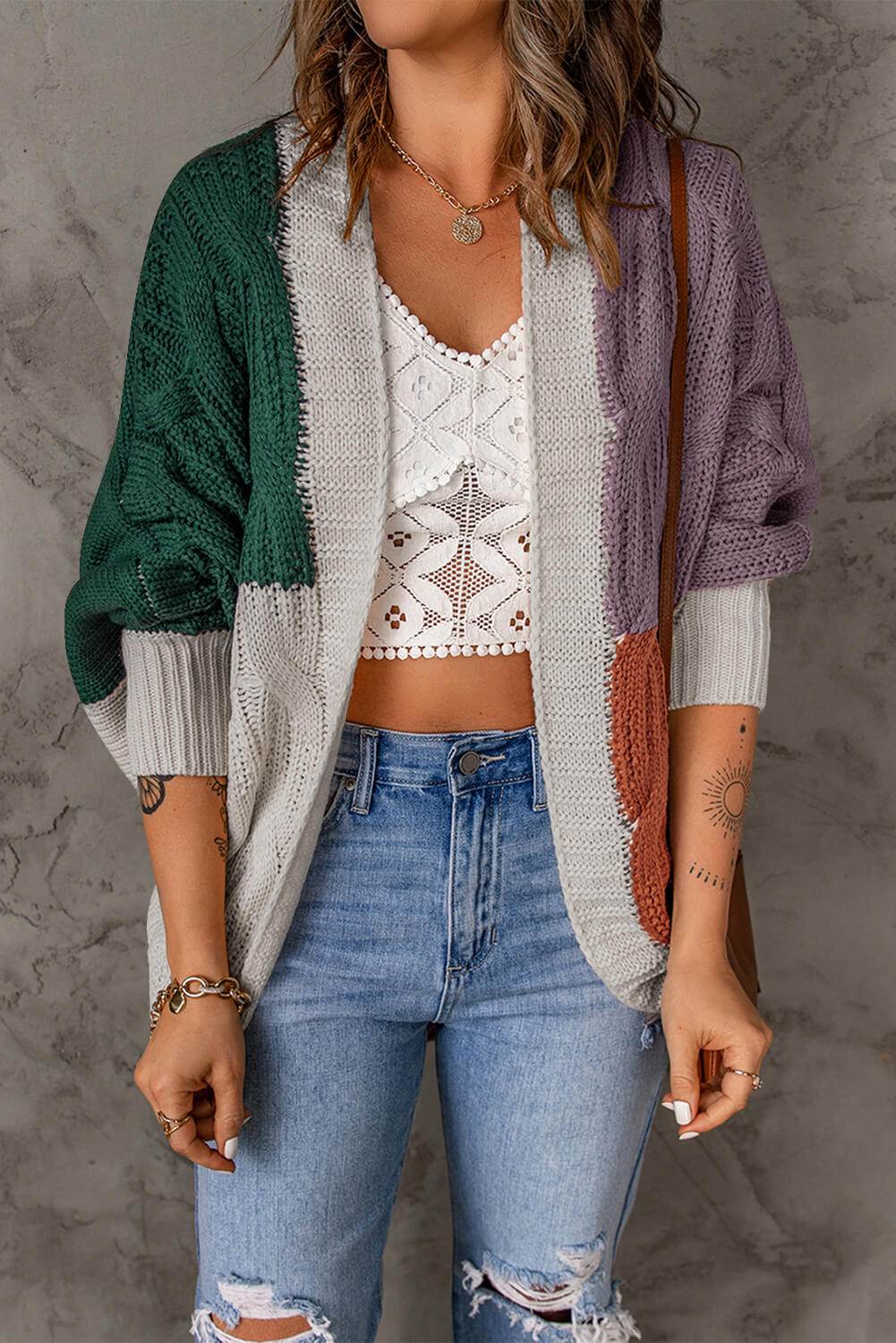 Woven Right Color Block Cable-Knit Batwing Sleeve Cardigan - Amexza