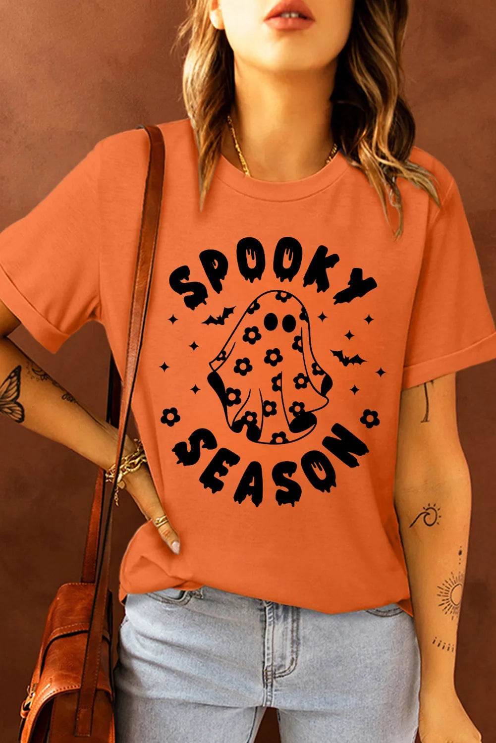 Graphic Round Neck Short Sleeve T-Shirt Orange for a perfect OOTD – dress to impress outfits from Amexza