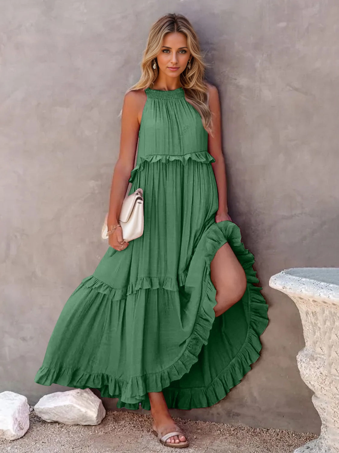 Ruffled Sleeveless Tiered Maxi Dress with Pockets - Dark Green / S