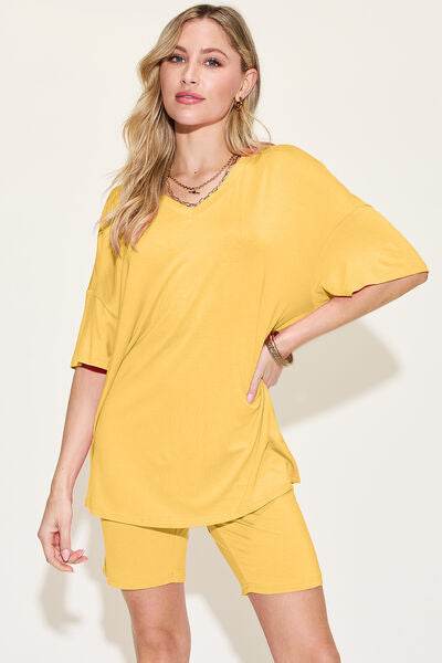 Basic Bae Bamboo Full Size V-Neck Drop Shoulder T-Shirt and Shorts Set Yellow for a perfect OOTD – dress to impress outfits from Amexza