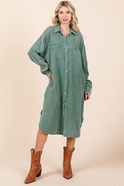 Mittoshop Mineral Wash Cotton Gauze Midi Shirt Dress Pine for a perfect OOTD – dress to impress outfits from Amexza