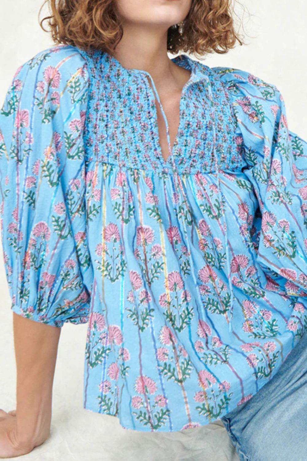 Smocked Floral Print Tie Neck Blouse Sky Blue for a perfect OOTD – dress to impress outfits from Amexza