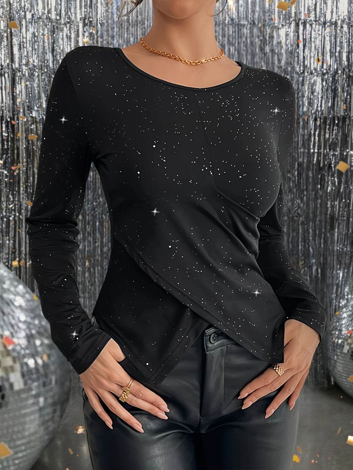 Glitter Round Neck Long Sleeve T-Shirt for a perfect OOTD – dress to impress outfits from Amexza