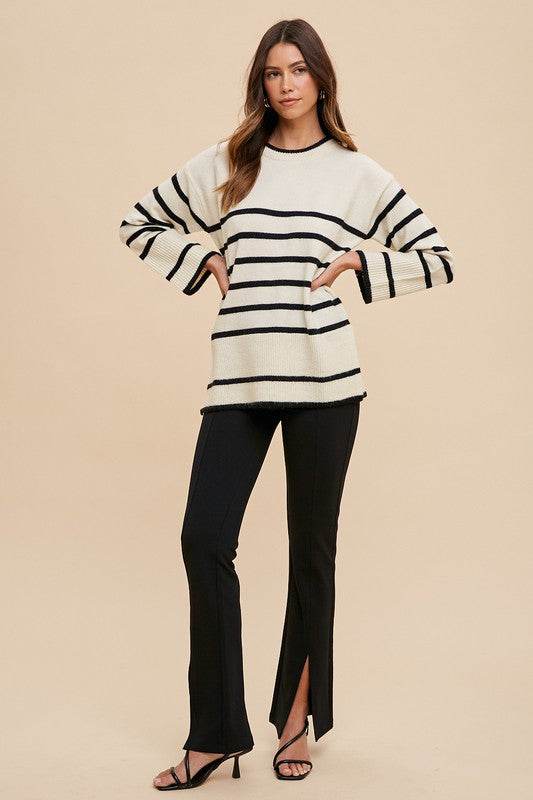 Annie Wear Side Slit Striped Round Neck Sweater for a perfect OOTD – dress to impress outfits from Amexza