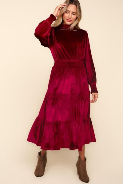 Haptics Mock Neck Smocked Waist Velvet Tiered Dress for a perfect OOTD – dress to impress outfits from Amexza