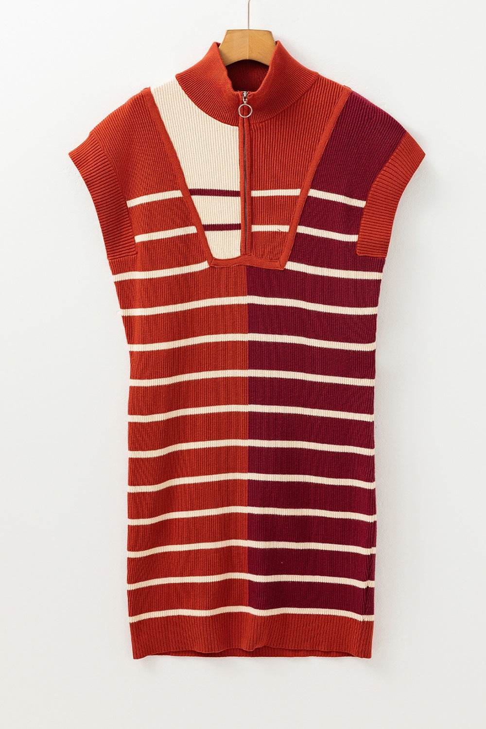 Striped Quarter Zip Cap Sleeve Sweater Dress - Amexza