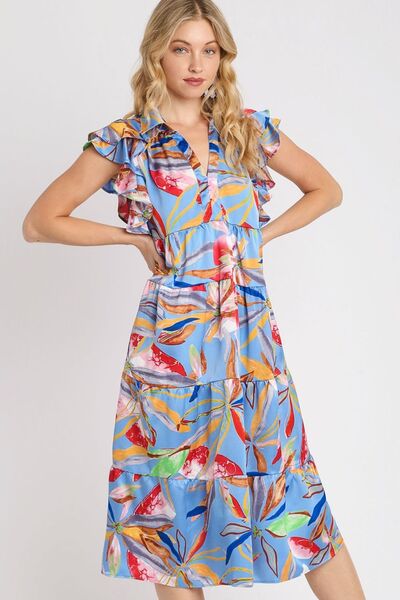 Umgee Full Size Leaf Print Double Layered Ruffle Sleeve Tiered Midi Dress Plus Size PERIWINKLEMIX for a perfect OOTD – dress to impress outfits from Amexza