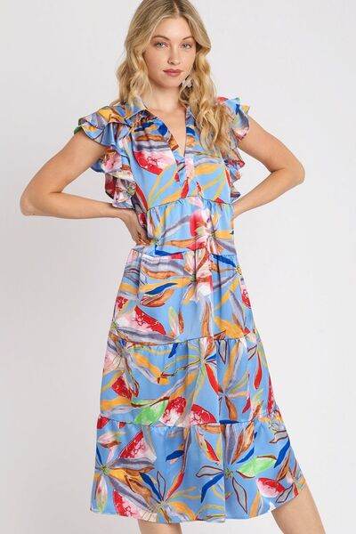 Umgee Full Size Leaf Print Double Layered Ruffle Sleeve Tiered Midi Dress Plus Size PERIWINKLEMIX for a perfect OOTD – dress to impress outfits from Amexza