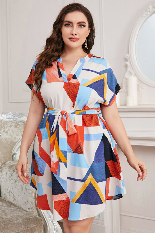 Honey Plus Size Notched Neck Tie Waist Dress - Multicolor / 1XL