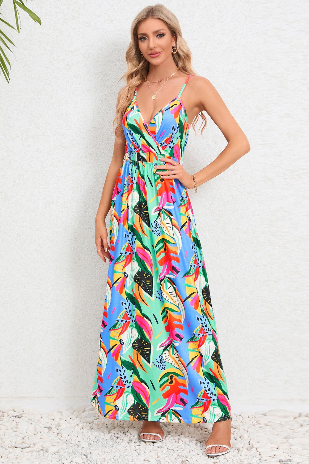 Printed Surplice Maxi Cami Dress - Light Green / S