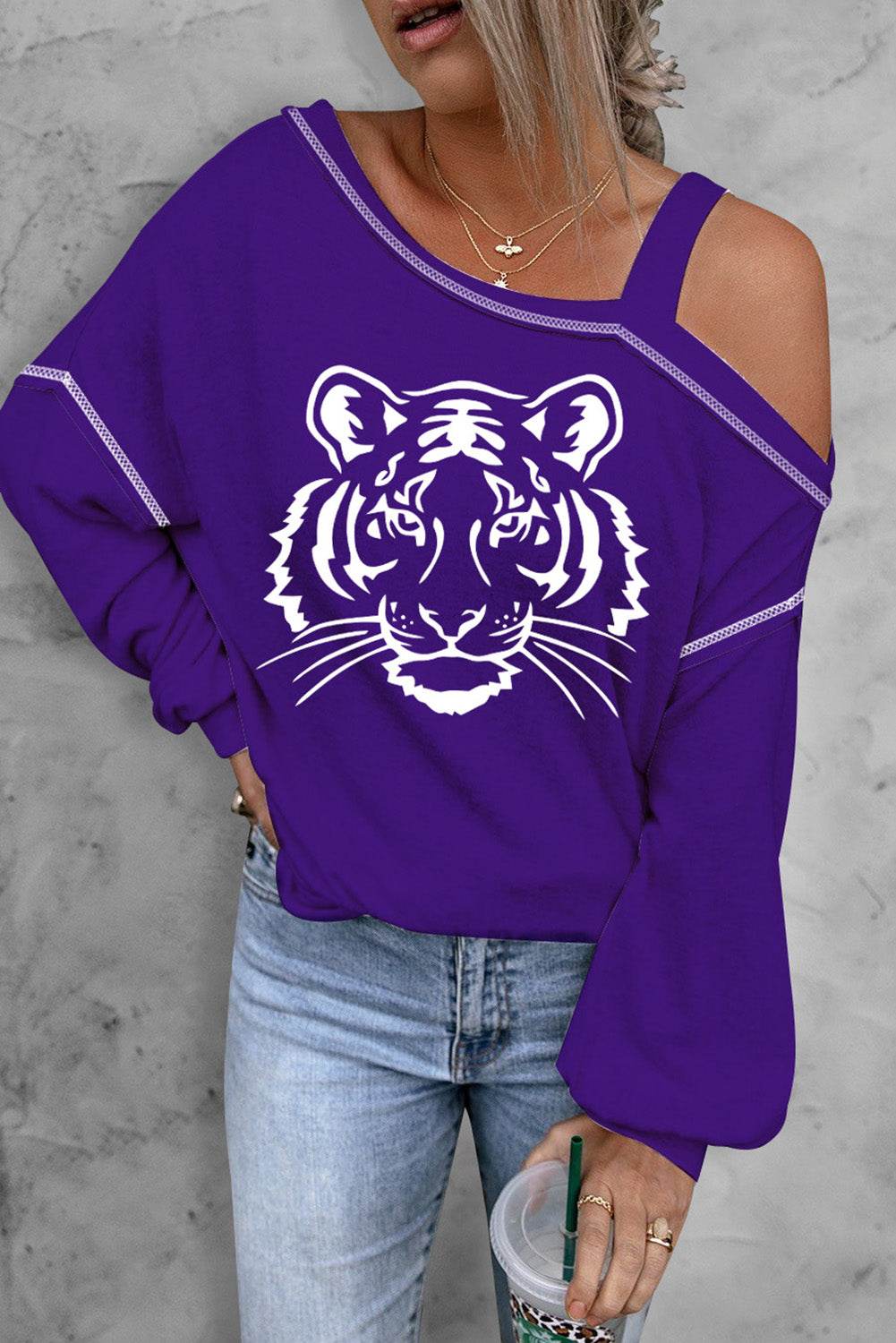 Tiger Graphic Long Sleeve Asymmetrical Neck Top - Amexza