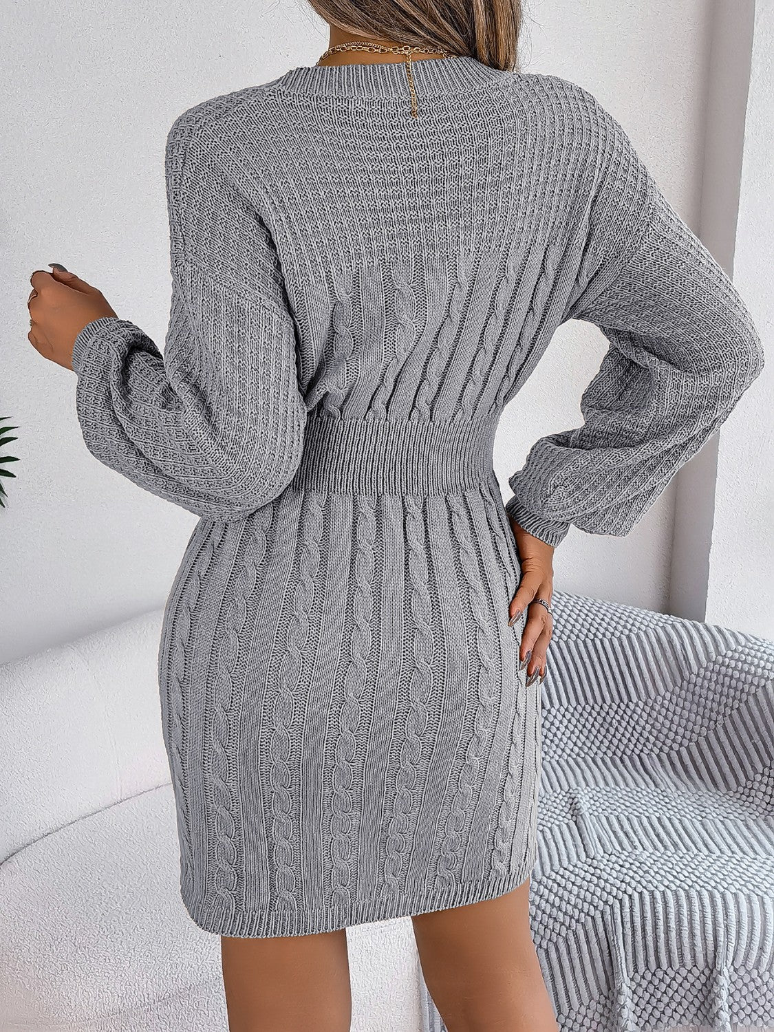 Cable-Knit Cutout Round Neck Slit Sweater Dress for a perfect OOTD – dress to impress outfits from Amexza