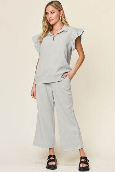 Double Take Texture Ruffle Short Sleeve Top and Drawstring Wide Leg Pants Set Light Gray for a perfect OOTD – dress to impress outfits from Amexza