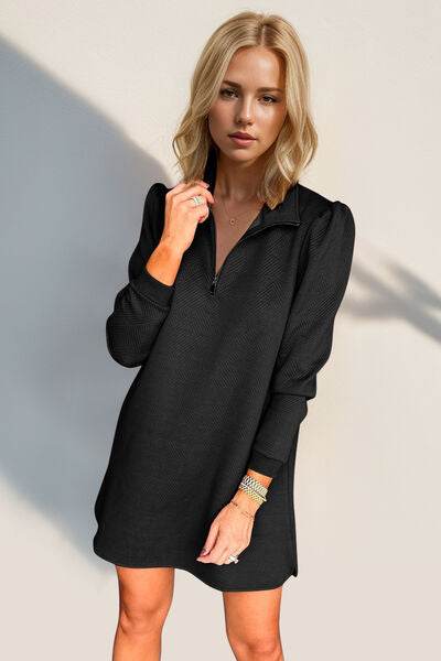 Double Take Textured Quarter Zip Long Sleeve Dress for a perfect OOTD – dress to impress outfits from Amexza