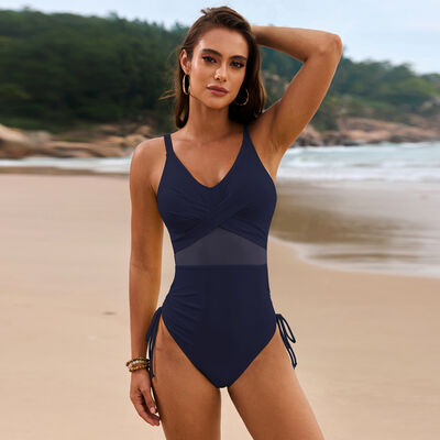 Drawstring Ruched V-Neck One-Piece Swimwear Dark Navy for a perfect OOTD – dress to impress outfits from Amexza